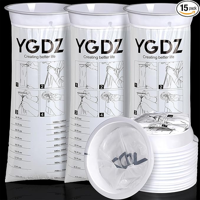 YGDZ Vomit Bags, 15 Pack Vomit Bags Disposable, 1000ml Barf Bags, Leak Resistant Throw Up, Portable Emesis Bags Puke Nausea Bags for Travel Motion Sickness, Car & Aircraft, Taxi, Kids, Women, White