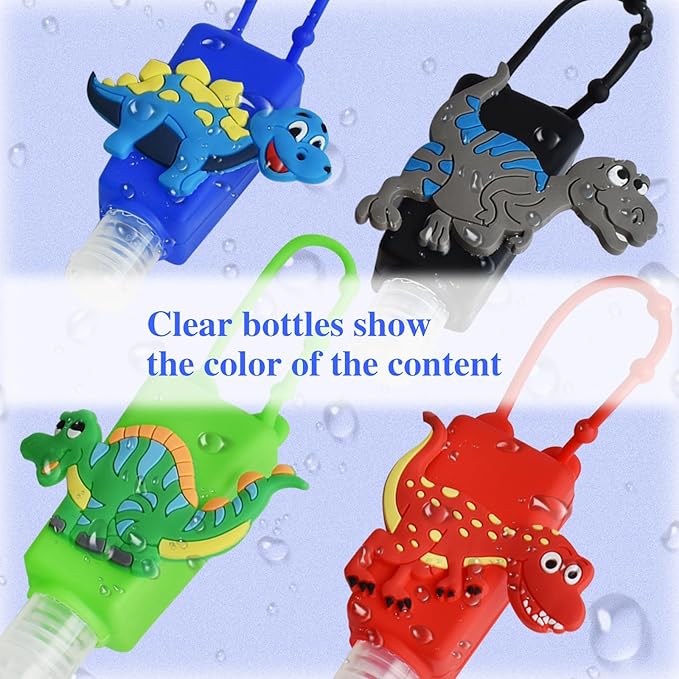 Refillable Travel Bottles Containers, 4 Pack Hand Sanitizer Travel Size Holder with Empty Silicone Bottles Case Keychain Carrier, Leak Proof Portable Bottle for Liquid Soap, Lotion (Dinosaur)