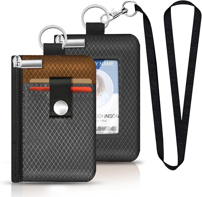 Minimalist RFID Blocking Small Wallet with ID Window,WaterResistant Zip Id Case Wallet with Lanyard Keychain for Cards,Cash,Travel,Women,Men（Drak Grey/Brown）