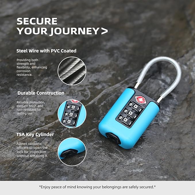 TSA Approved Luggage Locks, 3-Digit Waterproof Padlock, Combination Travel Cable Lock, Lockers, Suitcases, Toolboxes (Blue+Blue)