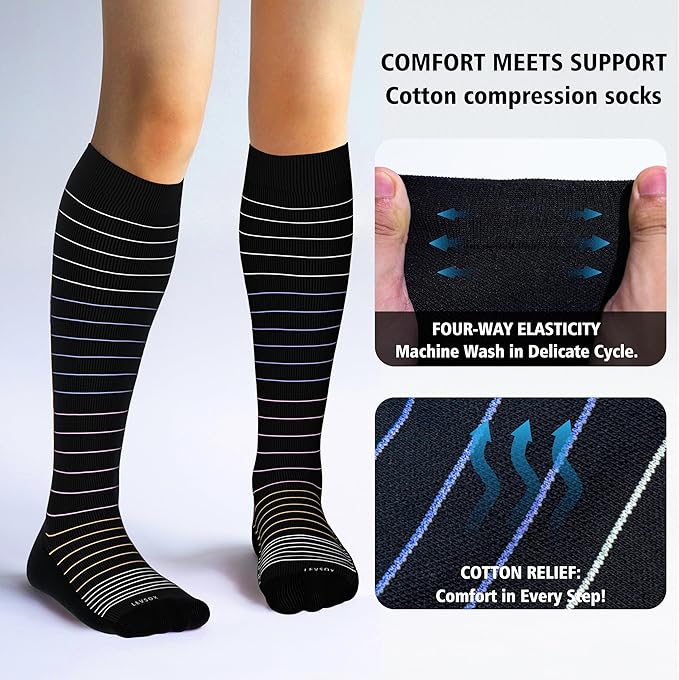 LEVSOX Cotton Compression Socks for Women&Men 20-30mmHg Knee High Cute Support Sock for Nurses Pregnancy Travel