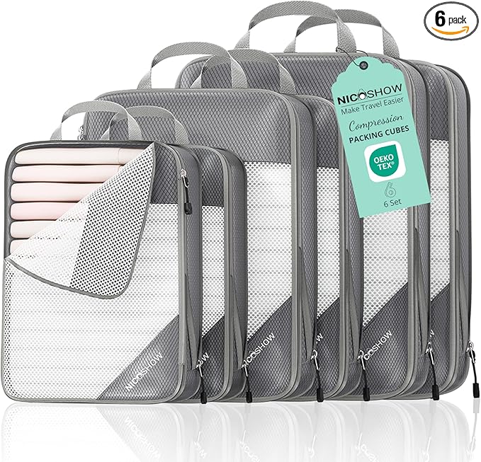 NICOSHOW 6 Set Compression Packing Cubes for Travel - Compressible, Lightweight, and Space-Saving Packing Cubes, Travel Essentials for Women, Grey