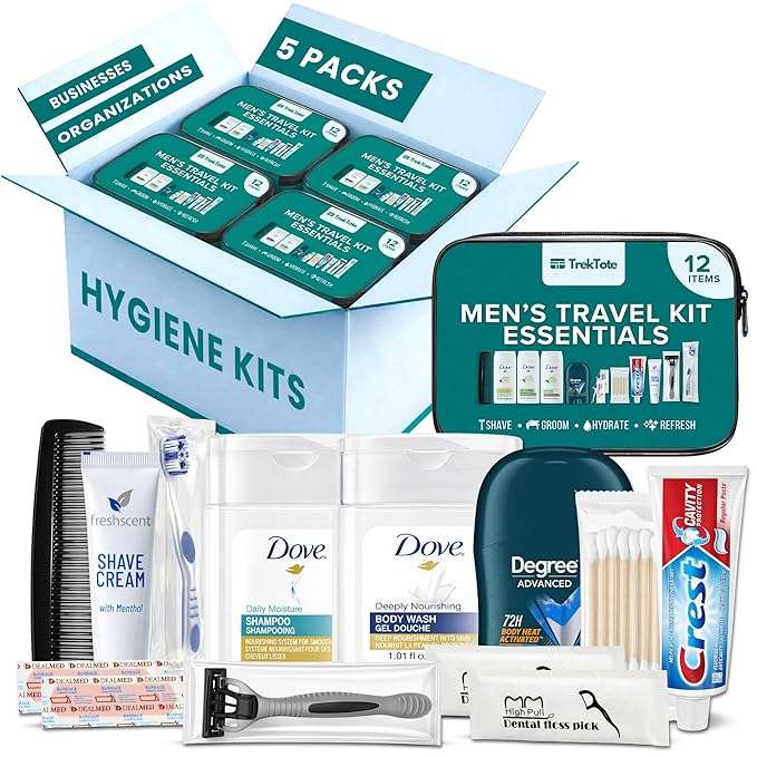 TrekTote Bulk Men’s Travel Hygiene Kits Case Pack of 12 Piece Kits TSA Approved Travel Size Toiletry Kits with Toothbrush Toothpaste Deodorant Razor for Outreach Emergency Use