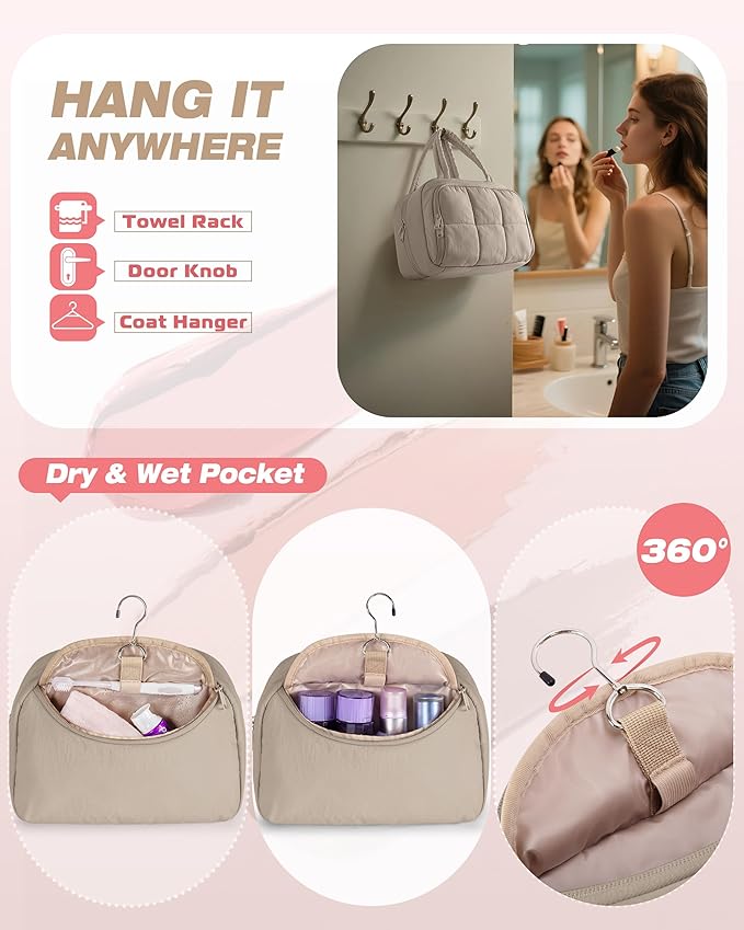 Marscamd Travel Makeup Bag for Women, Puffy Cosmetics & Toiletry Organizer with Leakproof Pockets for Travel-Size Shampoo, Conditioner, Brushes & Essentials - Medium Size, Khaki (Bag Only)
