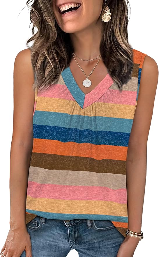 OFEEFAN Tank Top for Women Loose Fit Sleeveless Shirts V Neck Summer Clothes Ruched Women's Tees and Tanks Curved Hem