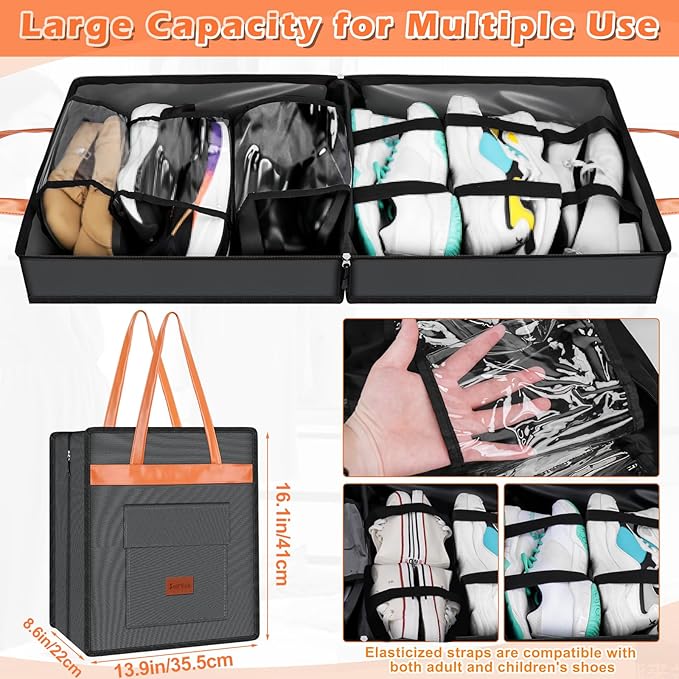 SelfTek Shoe Bags for Travel with Handle, Waterproof Large-Capacity Family Travel Shoe Bag Organizer for Multiple Shoes, Shoe Travel Bags for Packing, Suitable for Luggage Handle- Grey