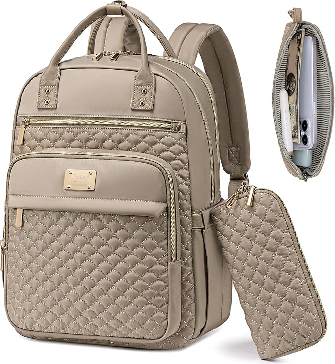 Tealari Laptop Backpack for Women,15.6 Inch Laptop Backpack for Work,Water Resistant Travel Backpack,College Bookbag with Wallet (Khaki)