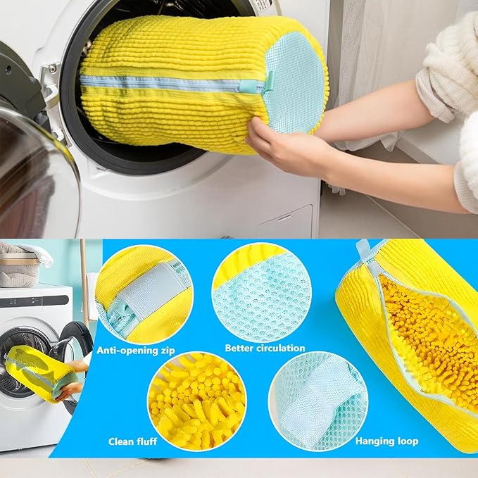 Shoe Washing Machine Bag 2 Pack with YKK Anti-Back Zipper, 360° Deep Clean Chenille Microfiber Shoe Laundry Bags for Washer & Dryer, Reusable Sneaker Washing Bag, Yellow