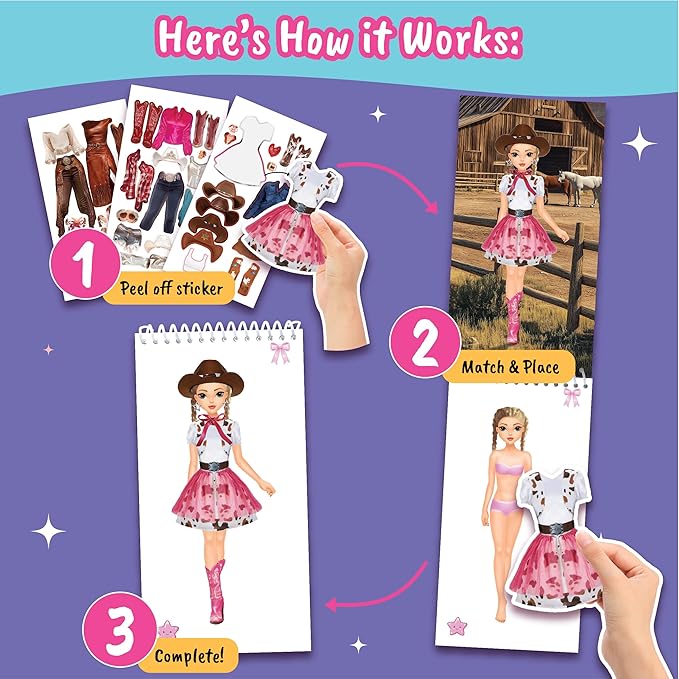 BSCOOL Sticker Dress up Books - Sticker Activity Book for Kids. Learn Girls Fashion Design with Stickers and Guides for Kids 5 and up. Little Designer Creativity Book. (Sticker Dress Up Cowgirl)