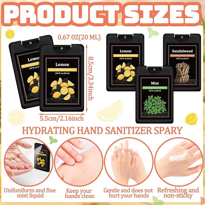 Set of 3 Power Mist Hydrating Hand Sanitizer Spray Bulk Travel Size Portable Hand Sanitizer 0.67 Fl. oz Compact Card Spray Bottle Mint Sandalwood Lemon Scent for Men Backpack Purse Pocket Car