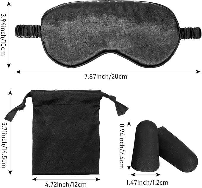 Silk Satin Sleeping Mask Eye Mask Set Include 2 Blindfold Eyeshade Elastic Strap Double Layer Silk Filling Eye Cover 2 Ear Plugs 2 Storage Bags for Women and Men Sleep Travel Nap (Black, Gray)
