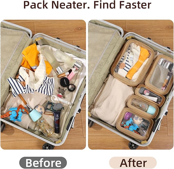 5PCS Diaper Bag Organizer Pouch Set，Clear Organizer Bags,TSA Approved Toiletry Bag,Clear Waterproof Cosmetic Bags with Zipper,Purse Organizer Pouches,Travel Organizer Bags for Woman and Kids Brown