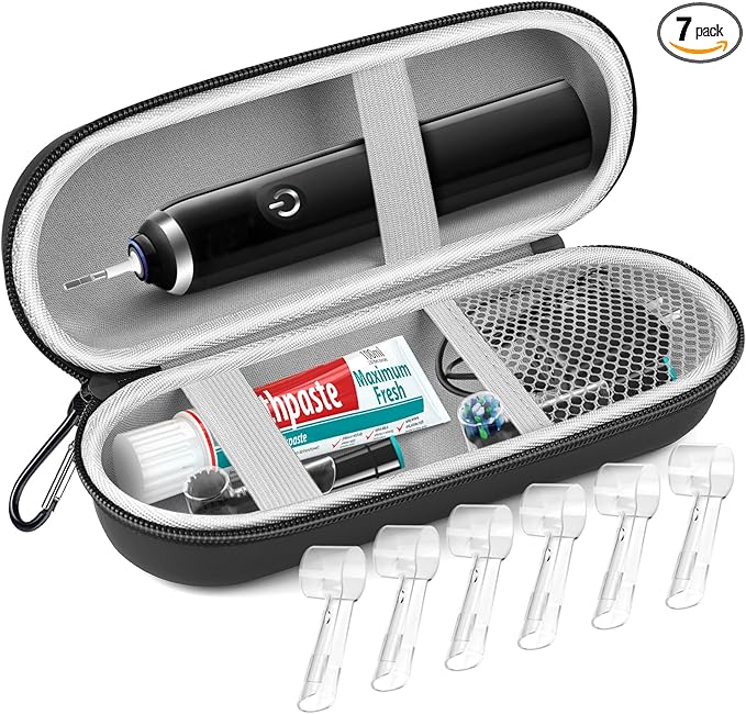 Sopito Electric Toothbrush Travel Case, Hard Storage Case with 6pcs Cover Caps, Fits for Oral-B/Oral-B Pro/Philips Sonicare Electric Toothbrush, Black