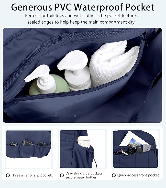 Lightweight Travel Duffle Bag for Women, Quilted Puffy Weekender with Wet Pocket for Gym, Overnight, Personal Item Carry On, Navy Blue