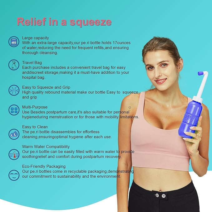 2PCS Blue+Green Peri Bottle for Postpartum Essentials, Feminine Care - 15oz Peri Bottle for Postpartum Perineal Care- Baby Travel Bathing kit, Portable Bidet for Travel,Birth Tears, Hemorrhoids, Pain