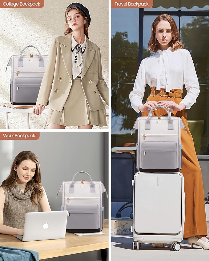LOVEOVOOK 15.6 Inch Laptop Backpack for Women, Large Capacity Travel Backpack with USB Charging Port, Waterproof Work Backpack for Business, College, Nursing & Airline Travel,Light Gray