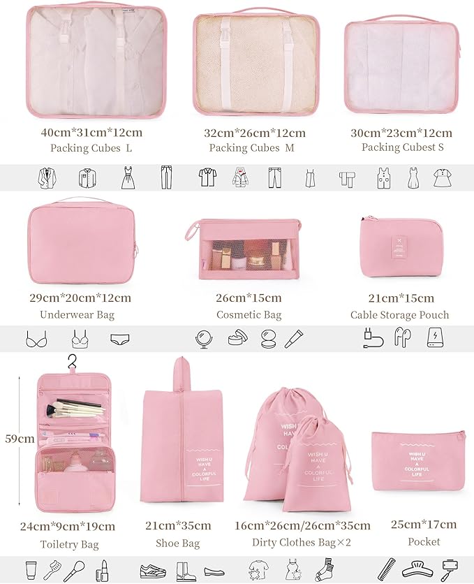 Anjing Packing Cubes for Suitcase 11PCS Luggage Packing Organizers Travel Essentials Luggage Organizer Hooked Toiletry Bag Cosmetic Bag and Shoes Bag, Pink