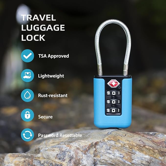 TSA Approved Luggage Locks, 3-Digit Waterproof Padlock, Combination Travel Cable Lock, Lockers, Suitcases, Toolboxes (Blue+Blue)