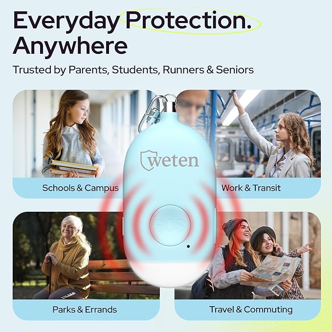 Weten Rechargeable Personal Alarm Keychain - 130dB Siren & LED Light - Stylish Personal Safety Alert for Women to Carry - Panic Button Alarm for Security - Rape Whistle for Self Defense (Blue)