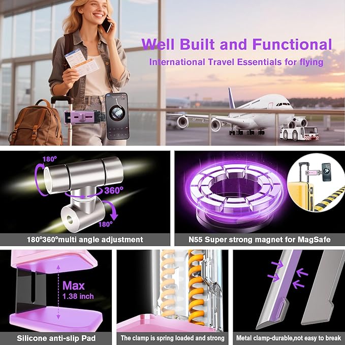 Valentine's Day Gift for Her Airplane Phone Holder Travel Essentials for Women,Magnetic Phone Holder for MagSafe,N55 Strong Magnet,360°Swivel Portable Cruise Airplane Gadgets for iPhone 17 Pink
