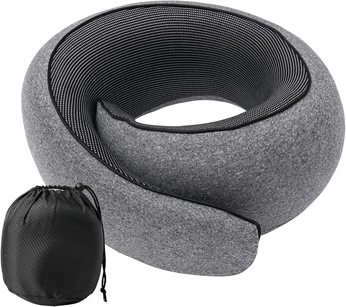 Memory Foam Travel Neck Pillow for Airplane, Ergonomic U-Shape 360° Neck Support for Sleeping & Neck Pain Relief, Breathable Cotton Cover, Adjustable Fit (Gray)