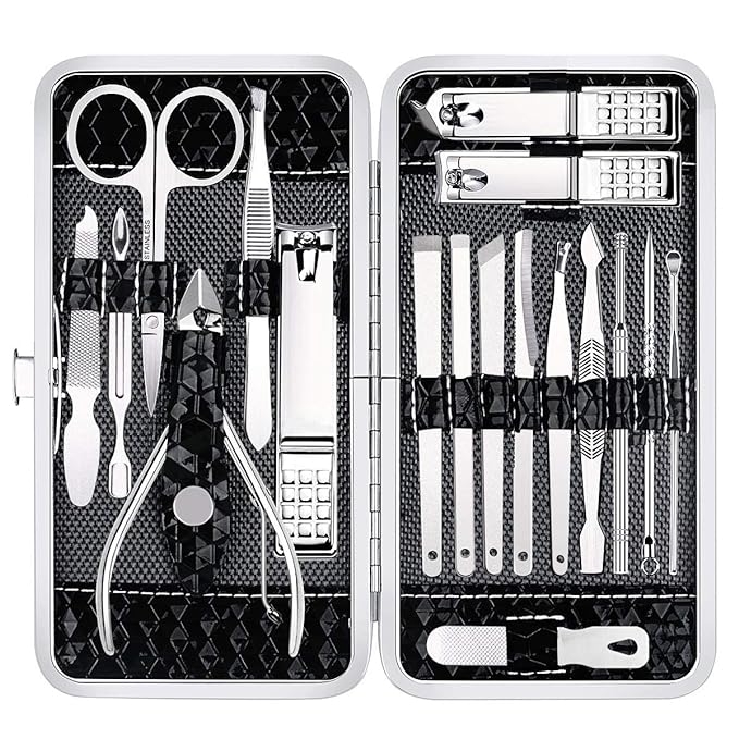 Yougai Nail Clippers Set - 18 Pcs Professional Manicure Pedicure Kit for Men Women, Stainless Steel Fingernail Toenail Clippers Cutters, Nail Care Grooming Tools with Leather Travel Case