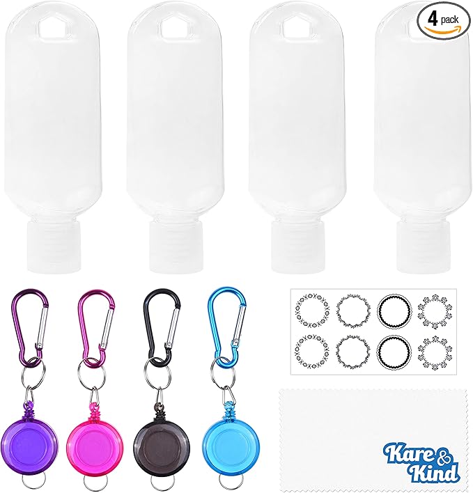 Kare & Kind Clear Portable Travel Bottles - 4x Empty Containers, 4x Carabiner/Retractable Lanyard, 1x Sticker Label Sheets - up to 50 ML -For Hand Sanitizers, Rubbing Alcohol, Liquids, Toiletries
