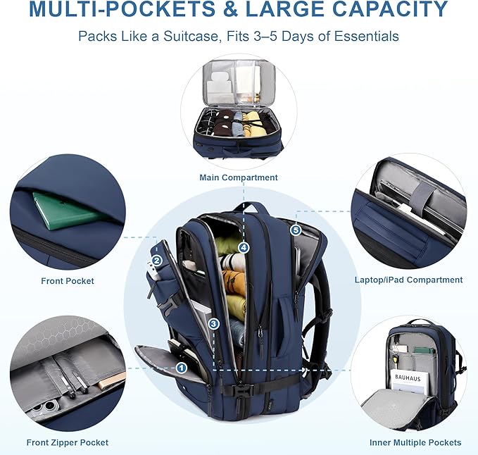 BAGOK Carry On Travel Backpack, 35L-40L Expandable Extra Large Airline Approved,Lightweight Daypack for Men and Women（Blue）