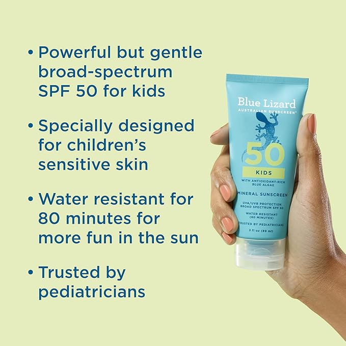 Blue Lizard Kids Mineral SPF 50 Sunscreen Lotion, 100% Mineral, Children’s Sunscreen, Water-Resistant Formula, Paraben-Free, Fragrance-Free, 3 fl oz