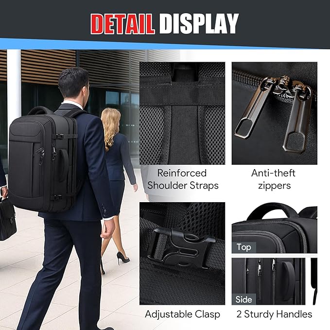 Expandable Travel Backpack 50L-60L, Extra Large Carry on Backpack Hiking Camping Rucksack with Waterproof Wet Pocket, Anti-Theft 19 Inch Gaming Laptop Bag for Road Trip Outdoor Sports, Black