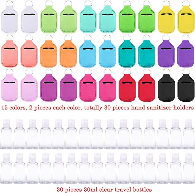 Duufin 60 Pieces Hand Sanitizer Keychain Holders Empty Travel Bottles Set Including 30 Pieces Reusable Clear Bottles and 30 Pieces Hand Sanitizer Holder for Backpack and Purse