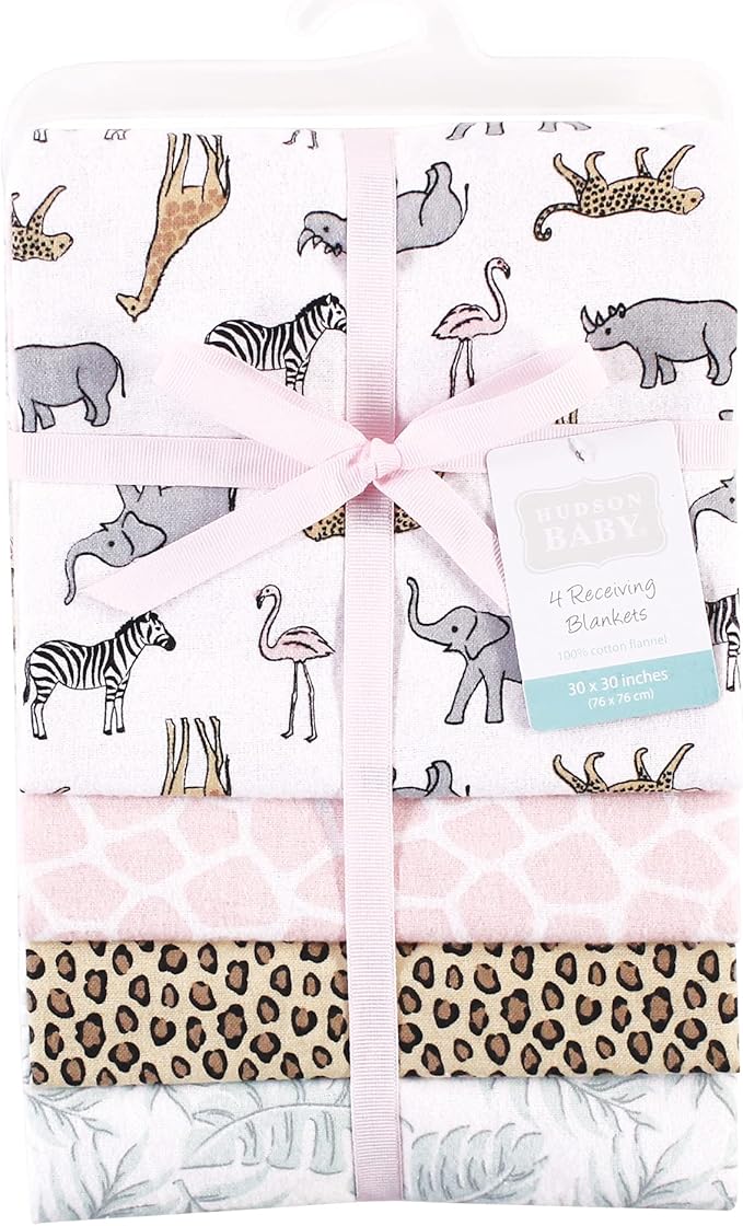 Hudson Baby Unisex Baby Cotton Flannel Receiving Blankets, Modern Pink Safari, One Size