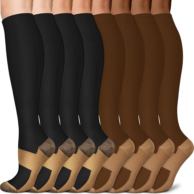 Sooverki Copper Compression Socks for Men & Women 8 Pack 15-20mmHg - Knee High Stockings Best Support for Running Athletic