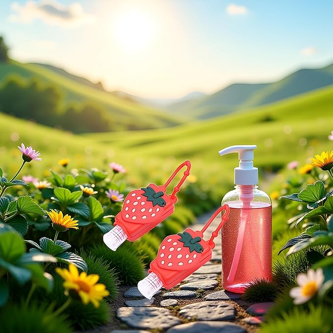 2Pcs Strawberry Empty Travel Hand Sanitizer Bottle, Silicone Sleeve Refillable Empty Squeeze Leakproof Flip Cap Keychain, Hand Soap Holder Cosmetic Containers, Refillable Portable Travel Containers