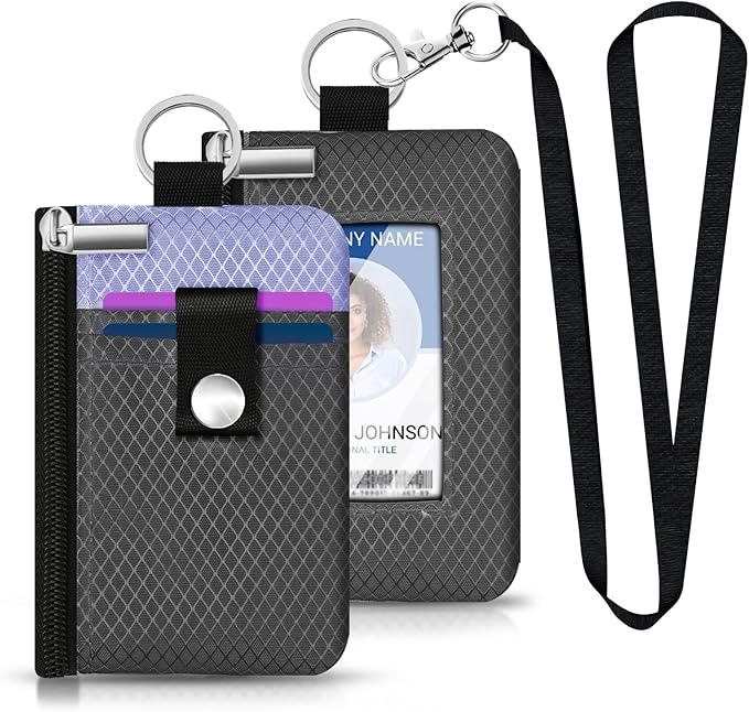 Minimalist RFID Blocking Small Wallet with ID Window,WaterResistant Zip Id Case Wallet with Lanyard Keychain for Cards,Cash,Travel,Women,Men (DarkGrey/Lavender Purple)