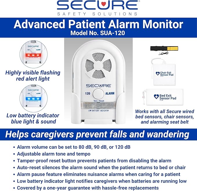 Secure Safety Solutions Chair Alarm for Elderly Dementia Patients Fall Prevention - 12" x 12" Pressure Sensor Pad, 80-120 dB Monitor - Wheelchair Safety Caregiver Alert System for Monitoring Seniors