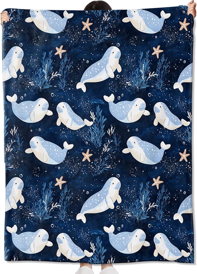 Cartoon Manatee Blanket Gifts for Kids Girls Women,Cute Ocean-Themed Navy Blue and White Throw Blankets,Soft Comfy Lightweight for Room Couch Bed Modern Stylish Decor,Sea Life Lover 60x50in