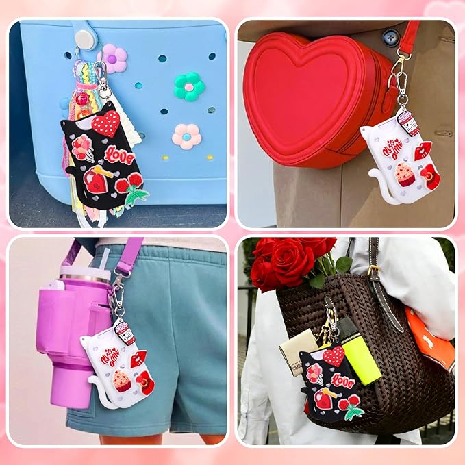 Juome 2 Pack Valentine Silicone Case for Touchland Hand Sanitizer Spray with Keychain & Charms, Cat Protective Holder Compatible with Touch Land Mist Case 1FL. OZ, Valentines Day Gifts for Her/Him