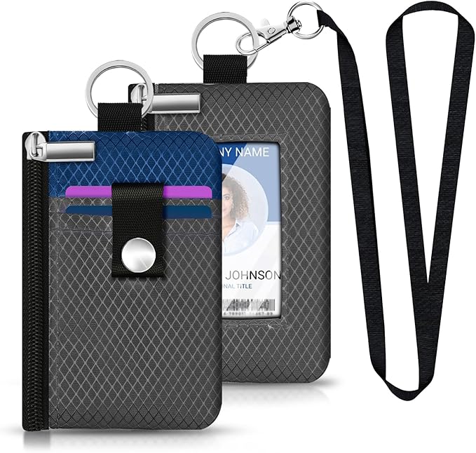 Minimalist RFID Blocking Small Wallet with ID Window,WaterResistant Zip Id Case Wallet with Lanyard Keychain for Cards,Cash,Travel,Women,Men (DarkGrey/Electric Blue)