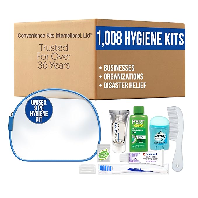 Convenience Kits International Unisex 9 Piece Hygiene Travel Kit with 2-in-1 Shampoo, Degree Deodorant, Crest Toothpaste, Body Wash, Comb, TSA Compliant Toiletry Bag (1,008 Kits)