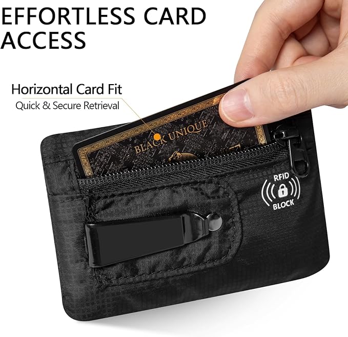 KOSMCCO RFID Blocking Clip Stash Pocket, Compact Hidden Travel Belt Wallet for Cards & Cash - Slim Pickpocket-Proof Design for Everyday Carry (Black, Medium)