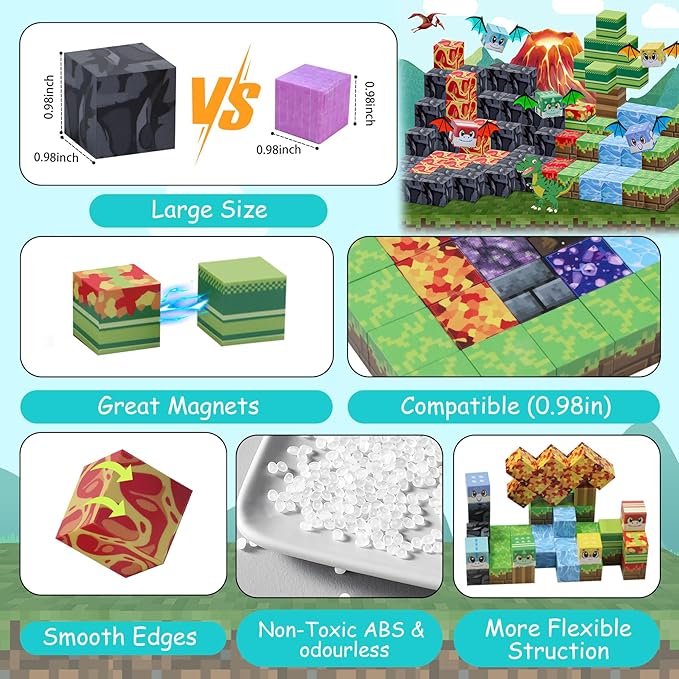 SKTMYY Magnetic Blocks-Volcano & Dinosaur Magnetic Building Blocks Ages 4-8, STEM Sensory Magnet Blocks Cubes Toys for Kids Toddlers Boys & Girls