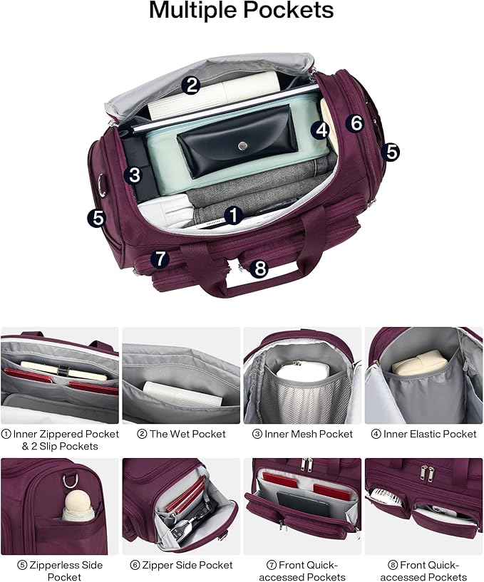 MILADA Underseat Carry On Luggage Bags for Travel Lightweight Foldable Carry On Bags for Airplanes Small Duffle Bag for Men Women TSA Approved Underseat Bag Travel Tote Bags, Purple