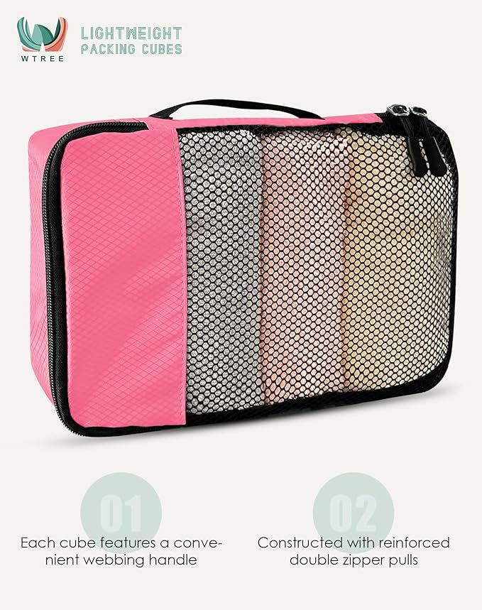 WTREE 4-Piece Packing Cubes Travel Accessories Set for Suitcases - Luggage Organizer Bags with Double Zipper - Mesh Top - Medium - Pink