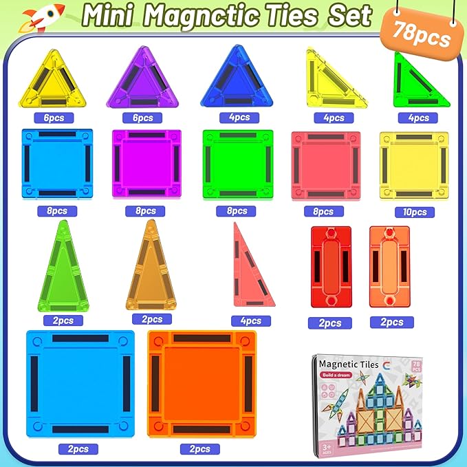 Mini Magnetic Tiles,78PCS Travel Magnetic Tiles Set with Iron Box,Portable Building Blocks for Kids Ages 3+,Car Airplane Travel Essentials Kids Toy,Creative STEM Toys Birthday Gift for Boys & Girls