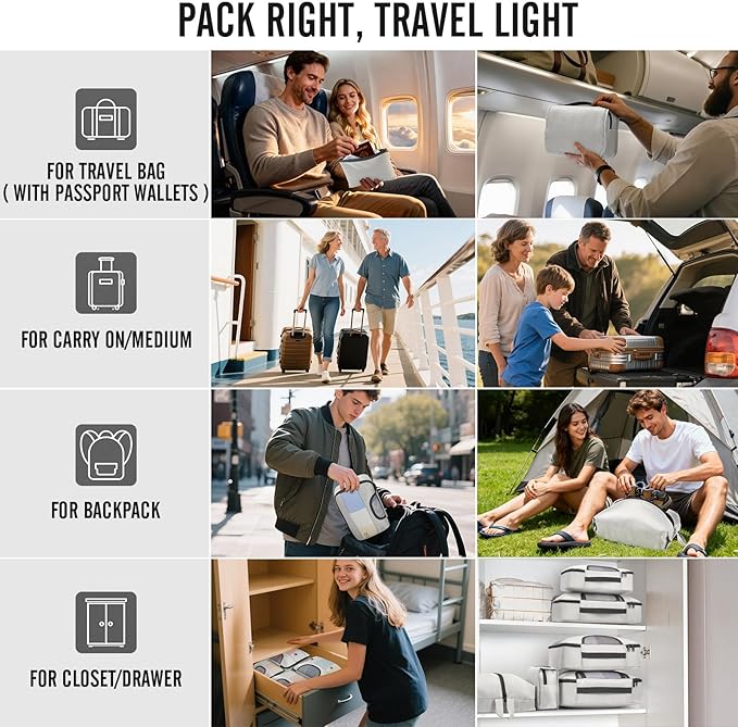 Veken 8 Set Packing Cubes for Travel Essentials, Suitcase Organizer Bags in 4 Sizes, Carry-On Luggage Accessories with Large Laundry Bag & Passport Holder, Must-Have for Airplane, Road Trip & Camping