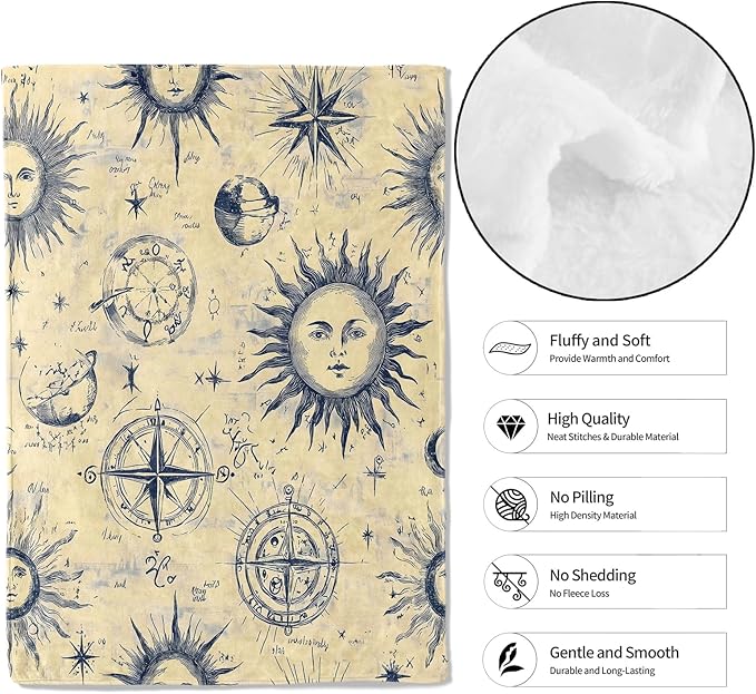 Vintage Sun and Compass Throw Blanket,40x50in,Soft,Lightweight Flannel,Nautical Celestial Retro Blankets - Gifts for Women,Astronomy Lover,for Couch Office Travel,Home Living Room Boho Decor