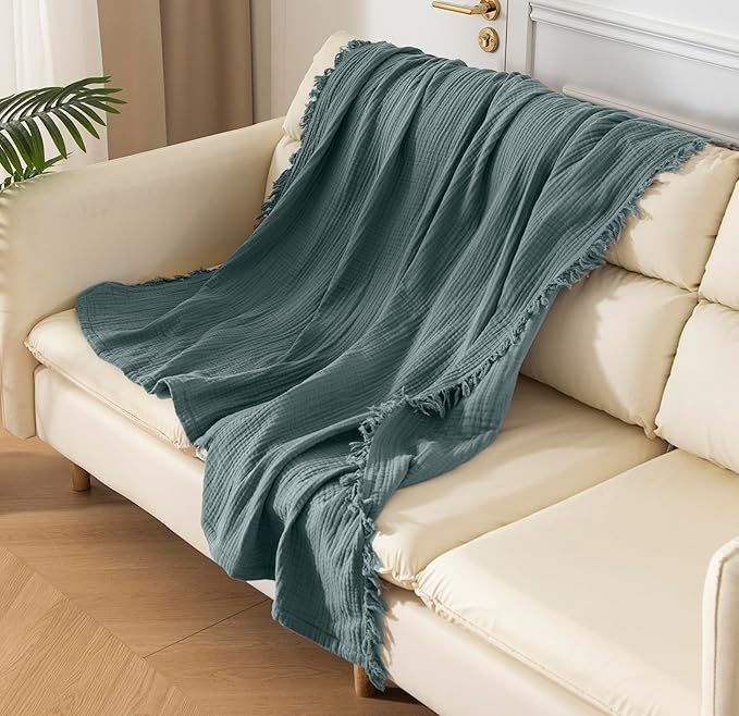 KyraHome 100% Cotton Throw Blankets for Couch, 60"x80" Plant-Dyed Breathable Lightweight Gauze Soft Muslin Throw Blankets for Adults, All Season (Slate Blue)