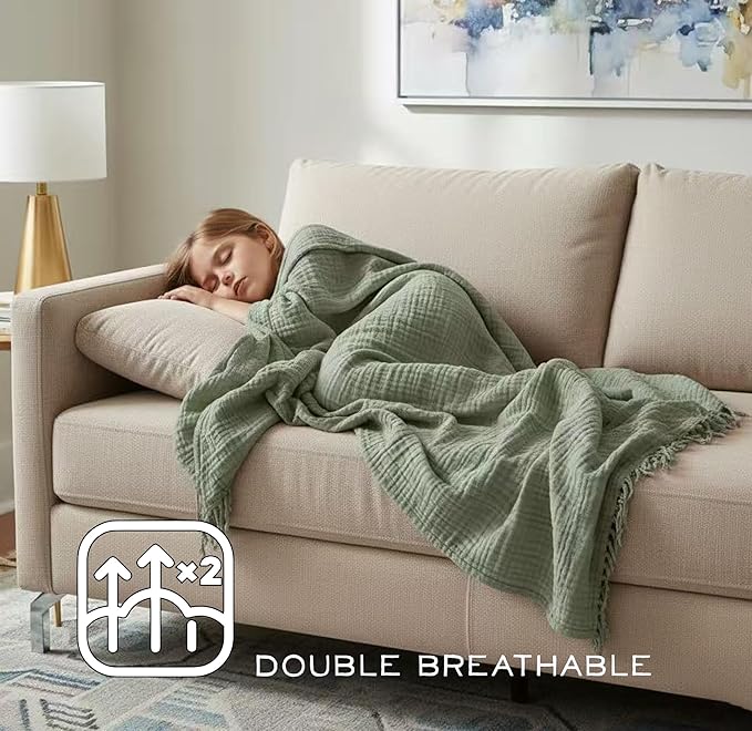 KyraHome 100% Organic Cotton Throw Blankets for Adults, Couch, Kids, 50"x60" Plant Dyed Breathable Lightweight Warm Gauze Muslin Blankets for Summer, Travel, All Season, Sage Green