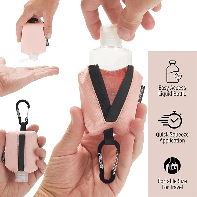 2nd Childhood Travel Hand Sanitizer Keychain – Small Refillable 2 oz Bottle with Clip-On Holder – Portable Sanitizer Case for Purse, Backpack, Gym Bag (Pink)